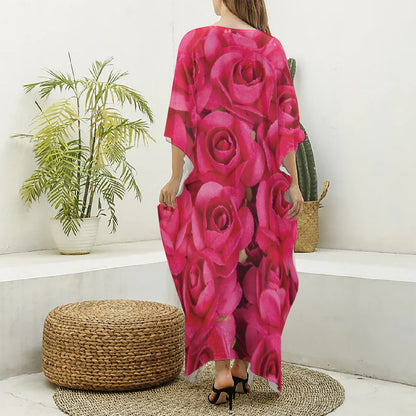 Hot Pink Rose Print Silk V-Neck Kaftan Dress