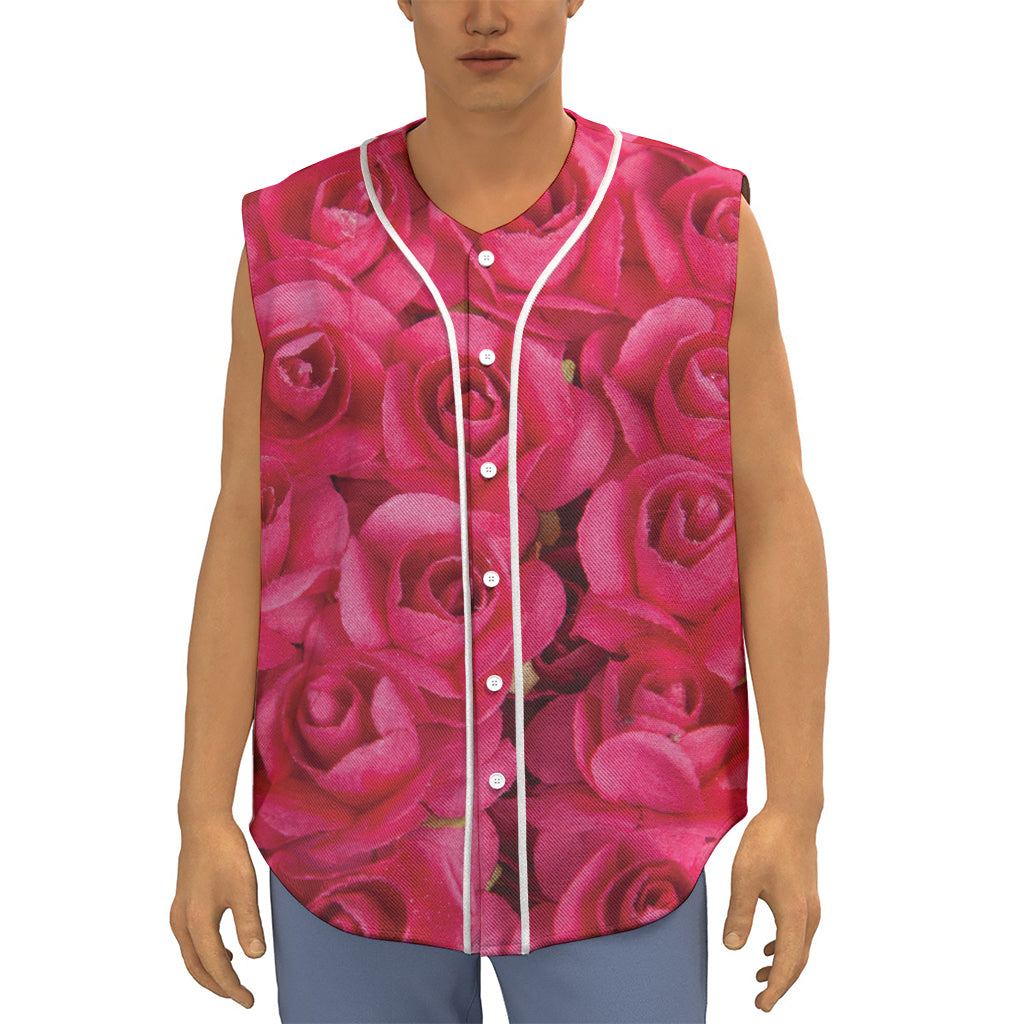 Hot Pink Rose Print Sleeveless Baseball Jersey