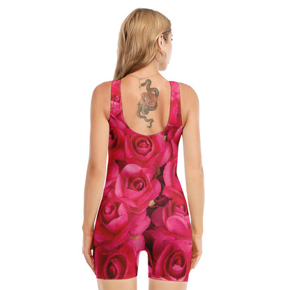 Hot Pink Rose Print Sleeveless One Piece Swimsuit
