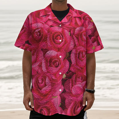 Hot Pink Rose Print Textured Short Sleeve Shirt
