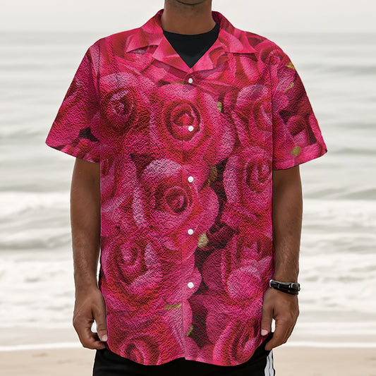 Hot Pink Rose Print Textured Short Sleeve Shirt