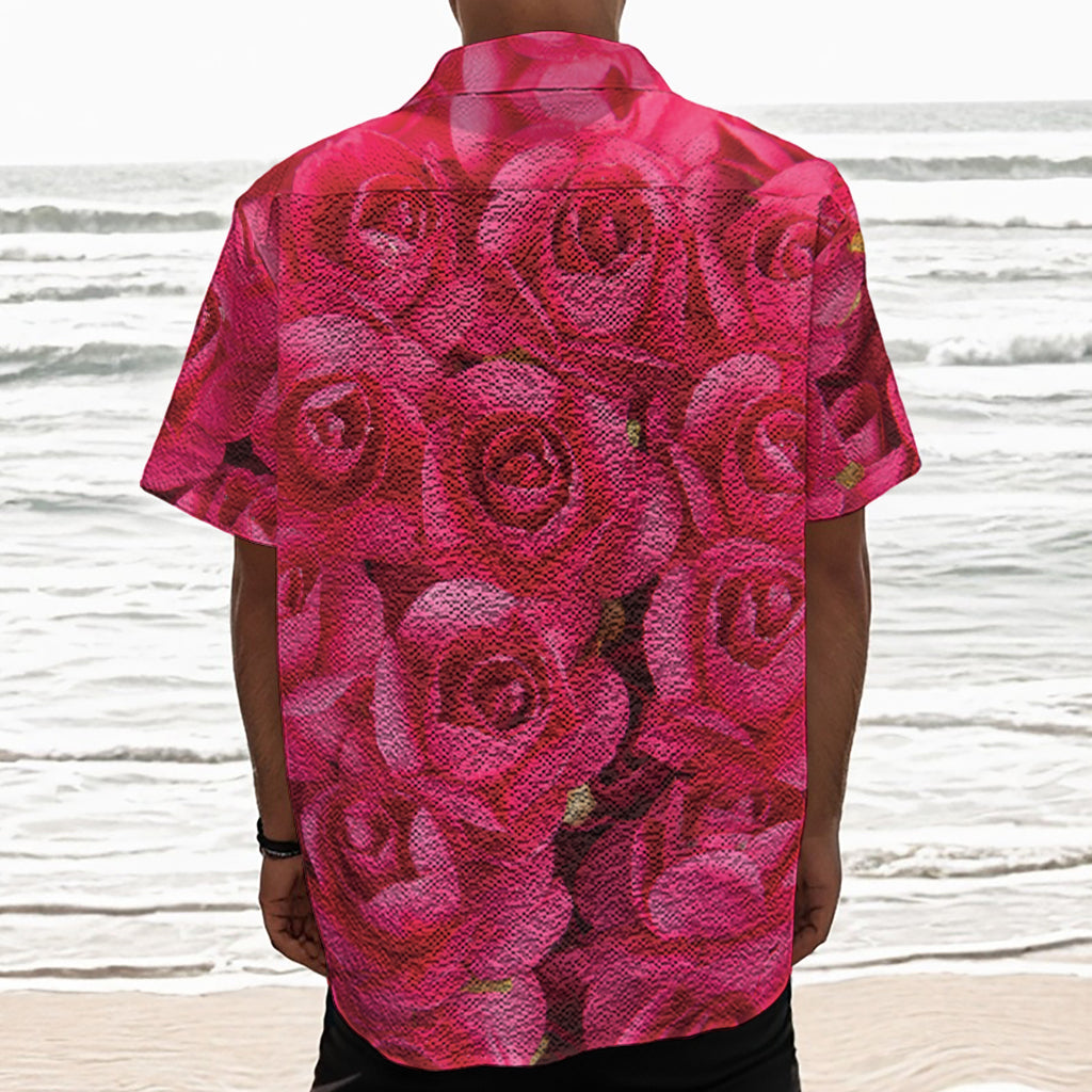 Hot Pink Rose Print Textured Short Sleeve Shirt