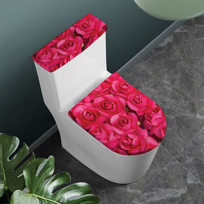 Hot Pink Rose Print Toilet Lid And Tank Cover Set