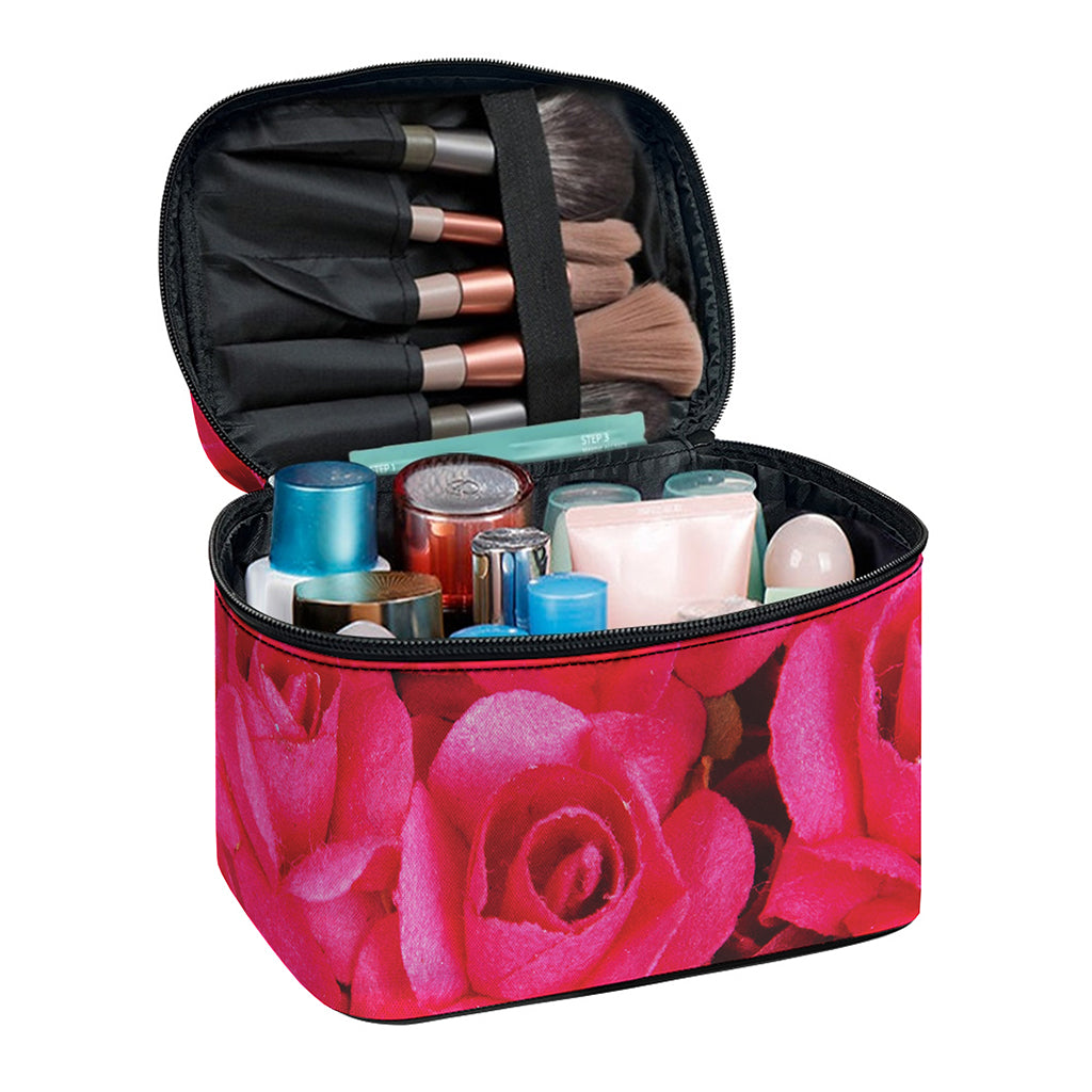 Hot Pink Rose Print Travel Makeup Bag