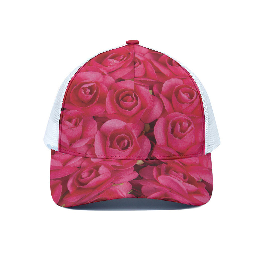 Hot Pink Rose Print White Mesh Trucker Cap