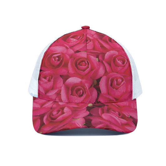 Hot Pink Rose Print White Mesh Trucker Cap