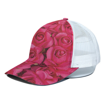 Hot Pink Rose Print White Mesh Trucker Cap
