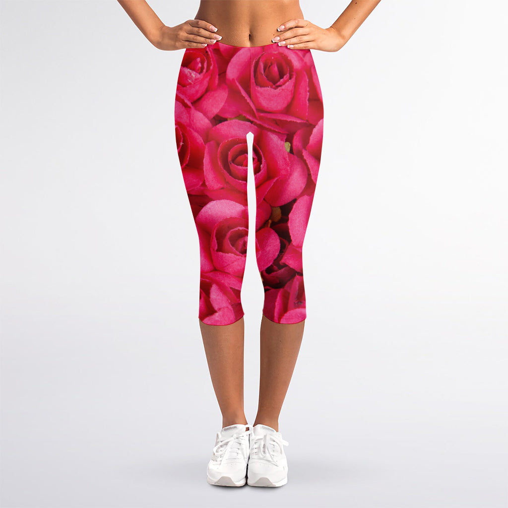 Hot Pink Rose Print Women's Capri Leggings
