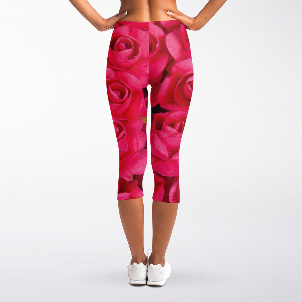 Hot Pink Rose Print Women's Capri Leggings