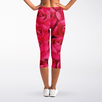Hot Pink Rose Print Women's Capri Leggings