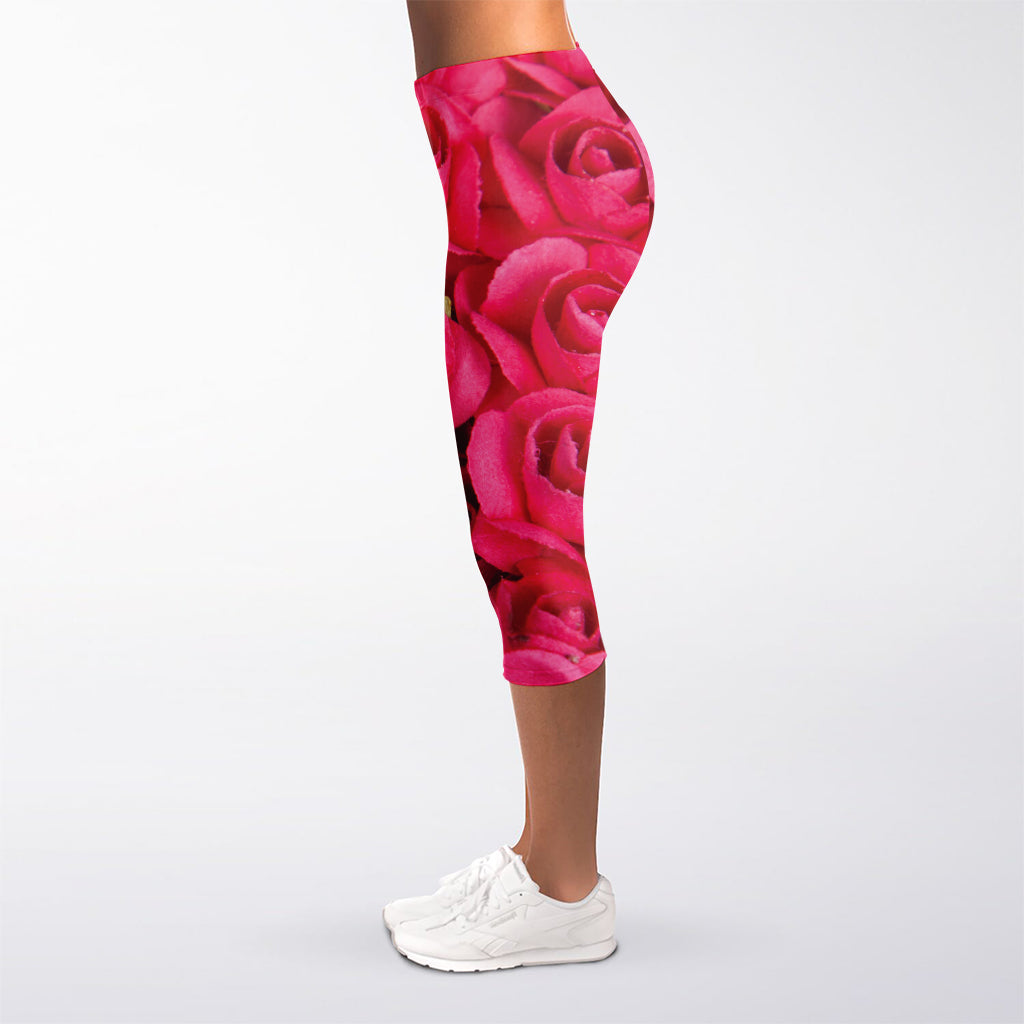 Hot Pink Rose Print Women's Capri Leggings
