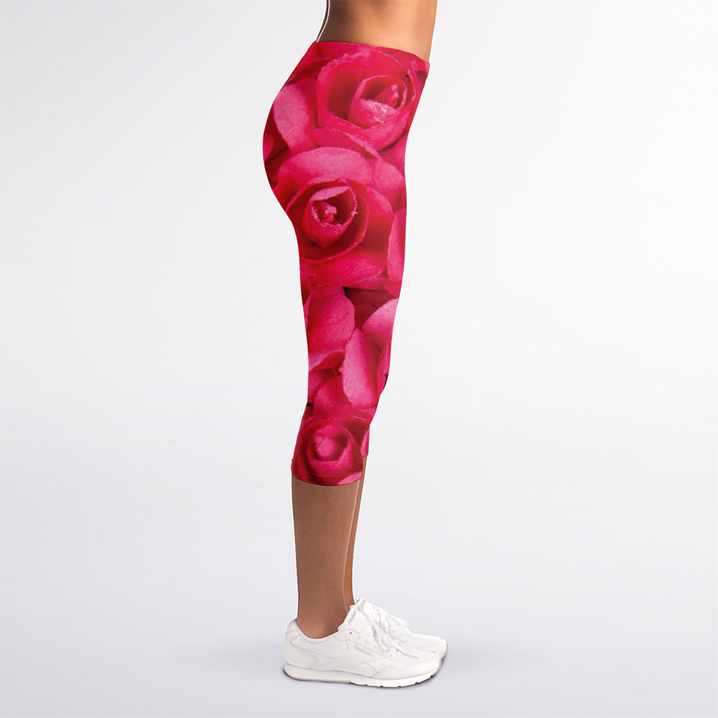 Hot Pink Rose Print Women's Capri Leggings