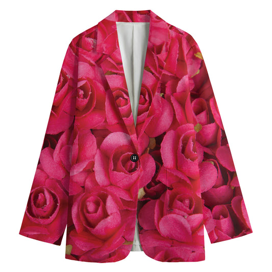 Hot Pink Rose Print Women's Cotton Blazer