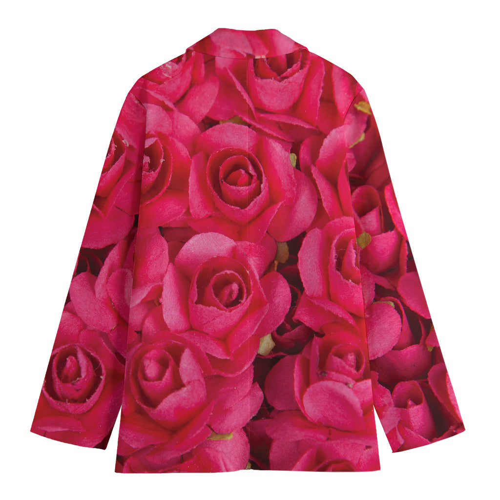 Hot Pink Rose Print Women's Cotton Blazer