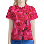 Hot Pink Rose Print Women's Polo Shirt