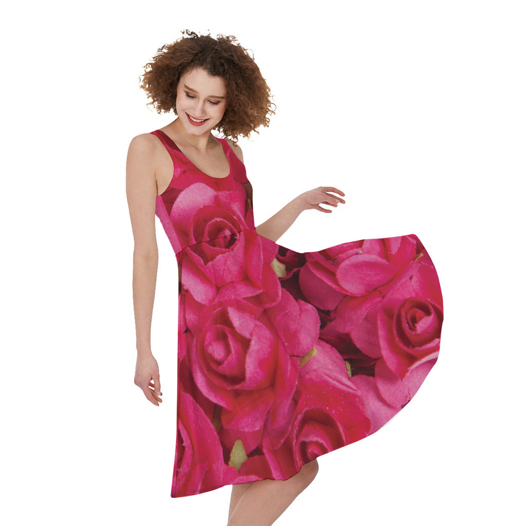 Hot Pink Rose Print Women's Sleeveless Dress