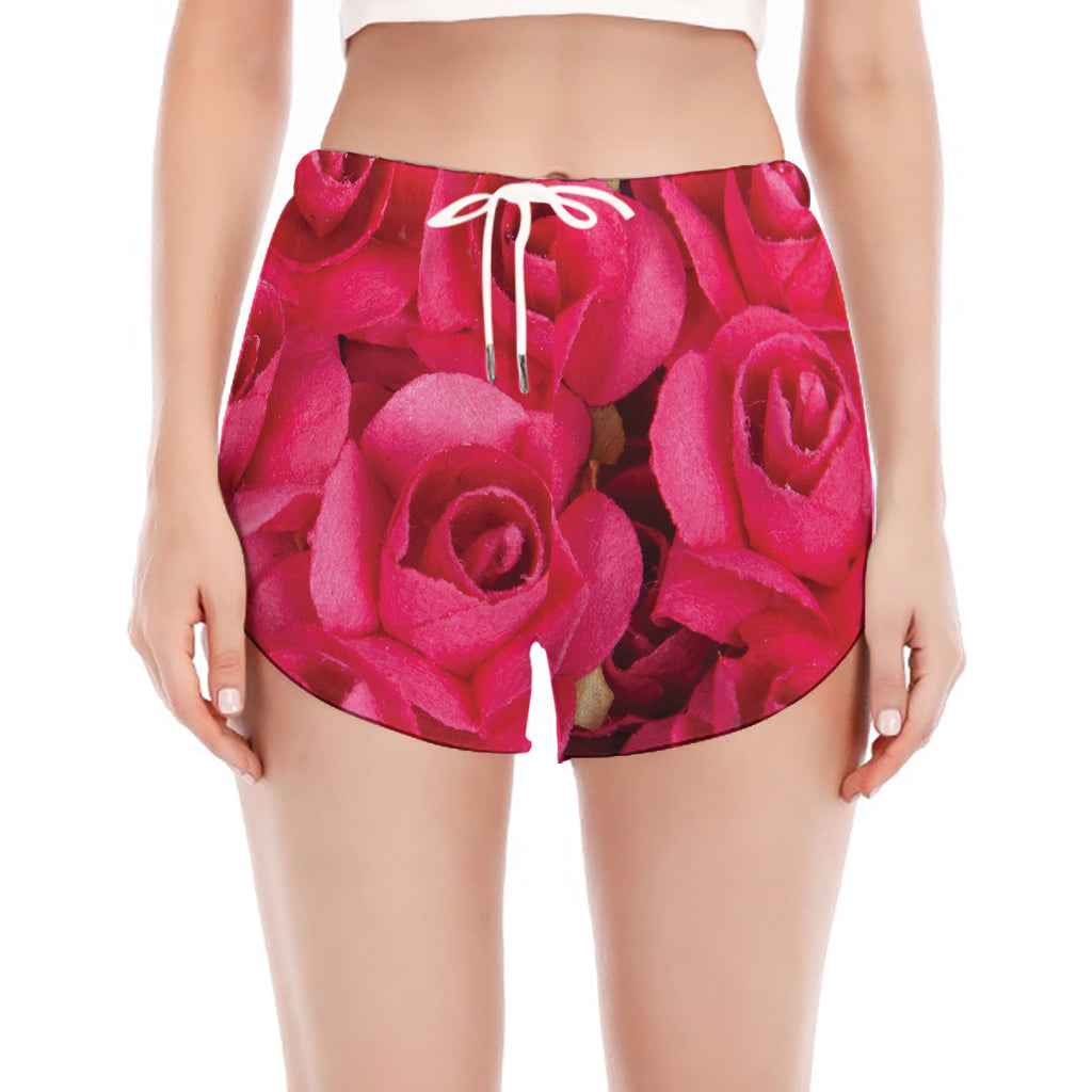 Hot Pink Rose Print Women's Split Running Shorts