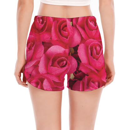 Hot Pink Rose Print Women's Split Running Shorts