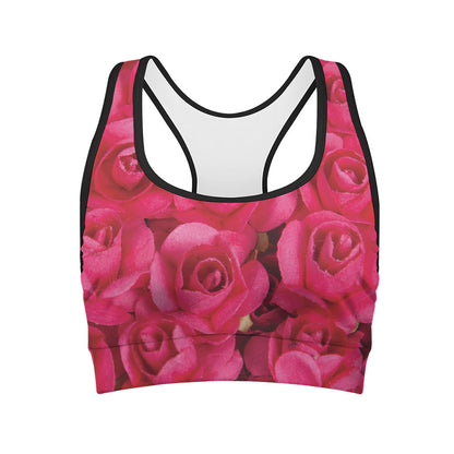 Hot Pink Rose Print Women's Sports Bra
