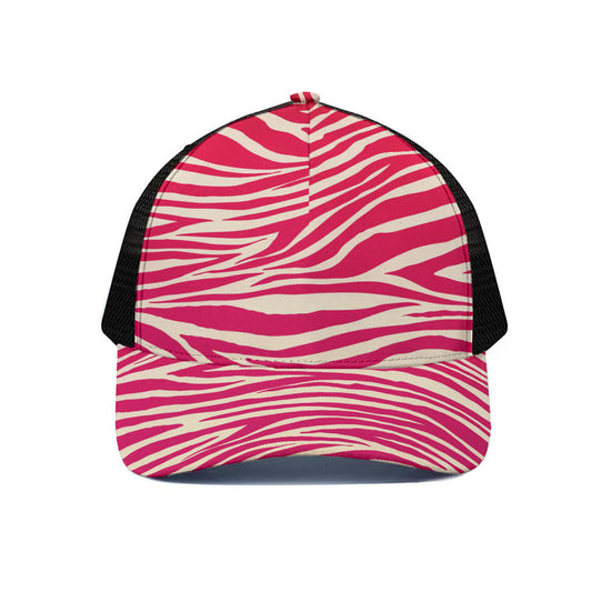 Hot Pink Zebra Pattern Print Black Mesh Trucker Cap