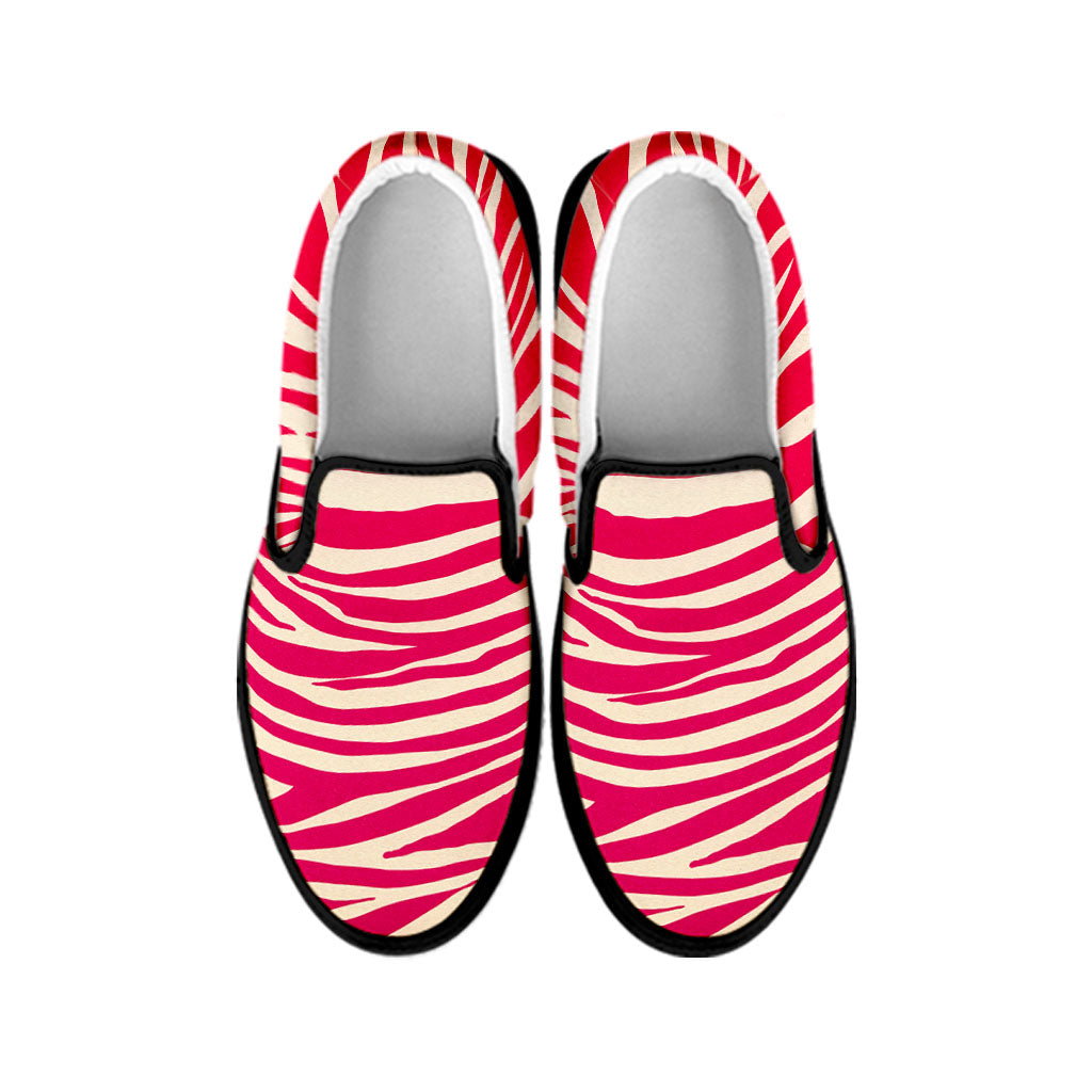 Hot Pink Zebra Pattern Print Black Slip On Sneakers