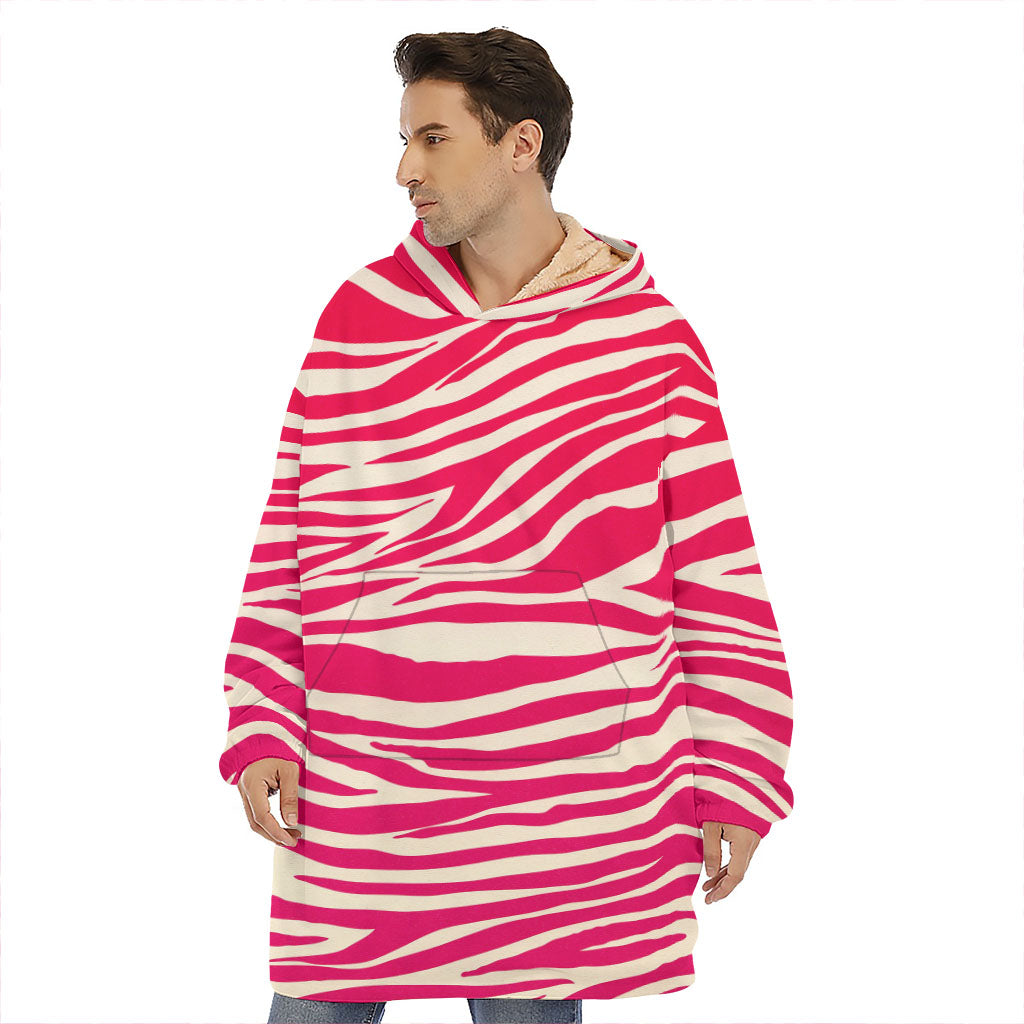 Hot Pink Zebra Pattern Print Hoodie Blanket