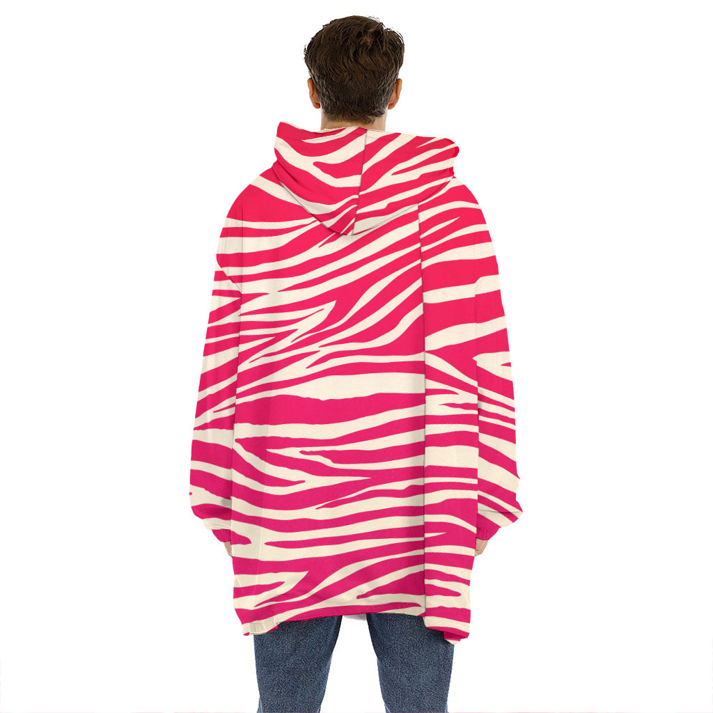 Hot Pink Zebra Pattern Print Hoodie Blanket