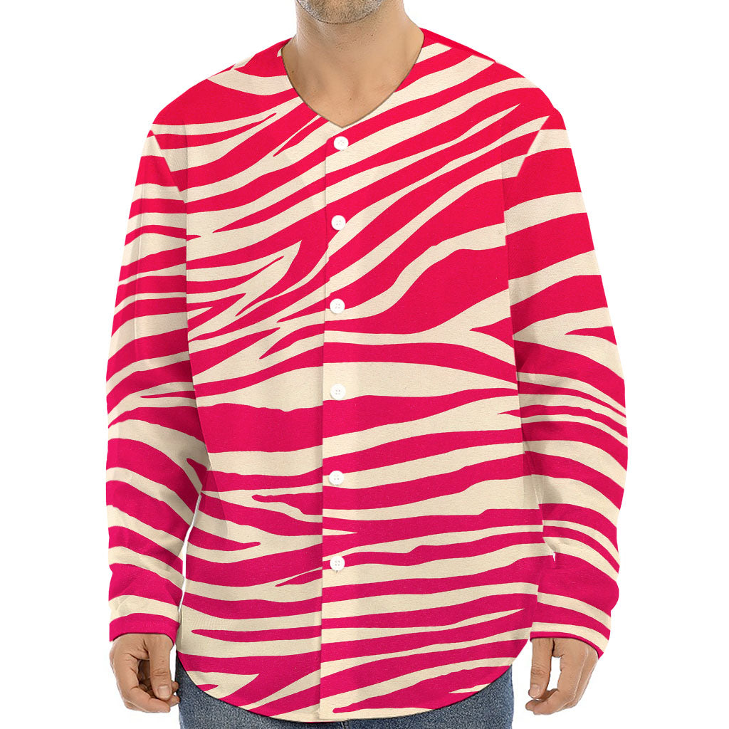 Hot Pink Zebra Pattern Print Long Sleeve Baseball Jersey