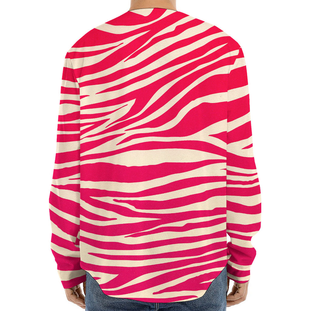 Hot Pink Zebra Pattern Print Long Sleeve Baseball Jersey