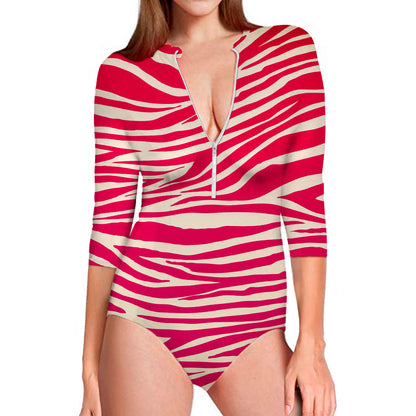 Hot Pink Zebra Pattern Print Long Sleeve Swimsuit