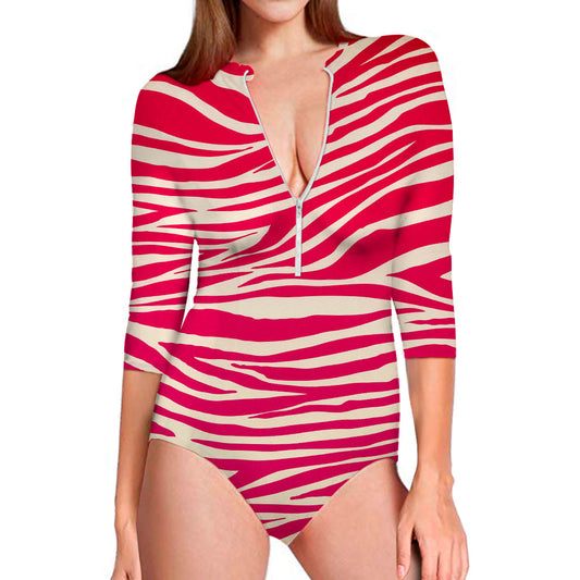 Hot Pink Zebra Pattern Print Long Sleeve Swimsuit