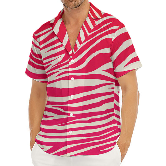 Hot Pink Zebra Pattern Print Men's Deep V-Neck Shirt