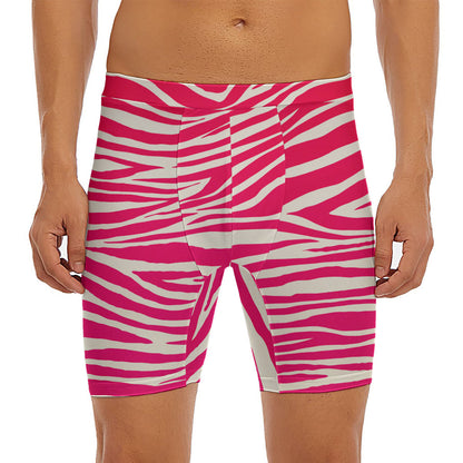 Hot Pink Zebra Pattern Print Men's Long Boxer Briefs