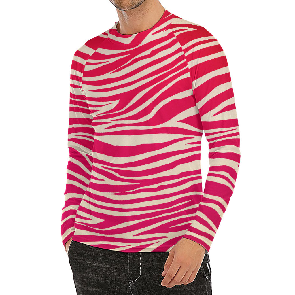 Hot Pink Zebra Pattern Print Men's Long Sleeve Rash Guard