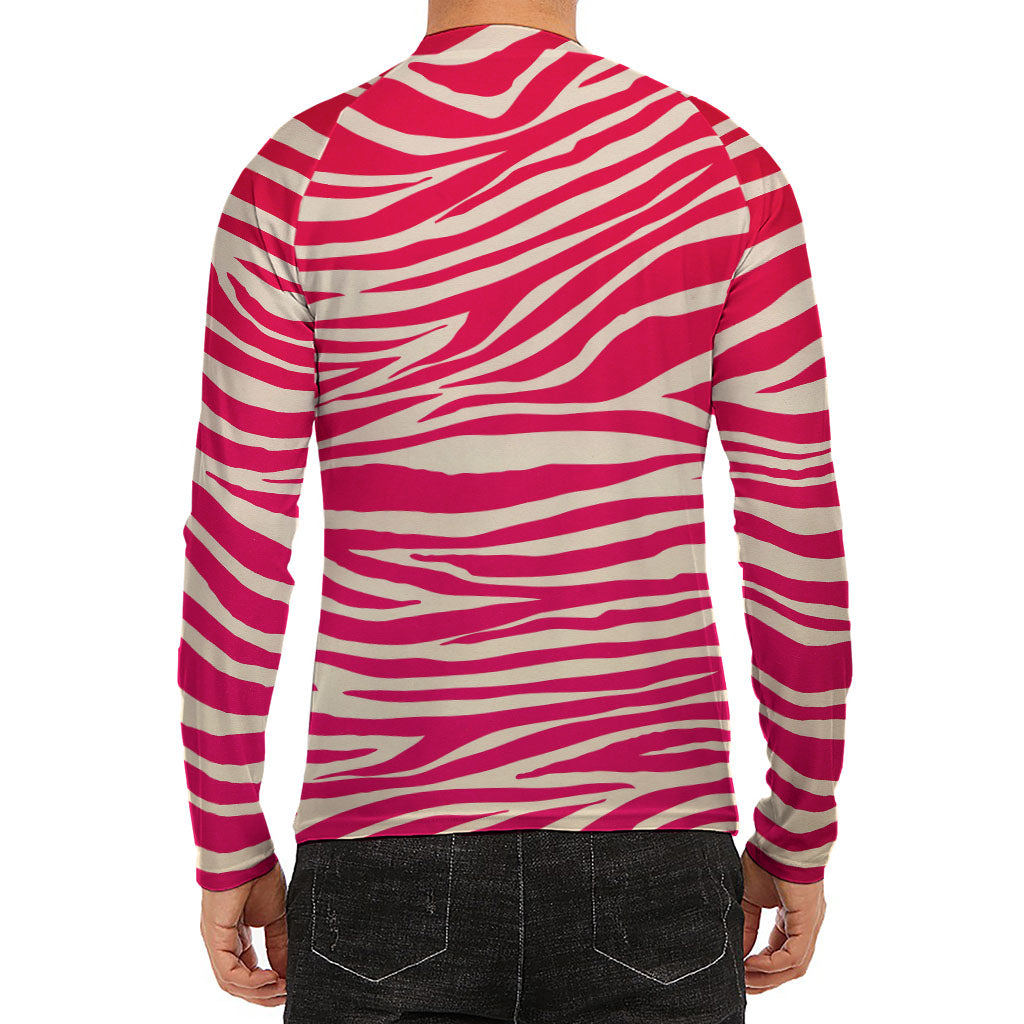 Hot Pink Zebra Pattern Print Men's Long Sleeve Rash Guard