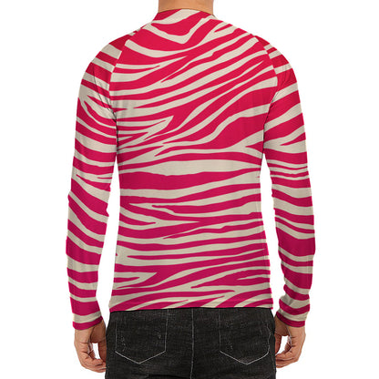 Hot Pink Zebra Pattern Print Men's Long Sleeve Rash Guard