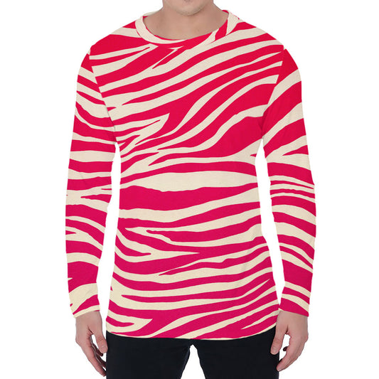 Hot Pink Zebra Pattern Print Men's Long Sleeve T-Shirt