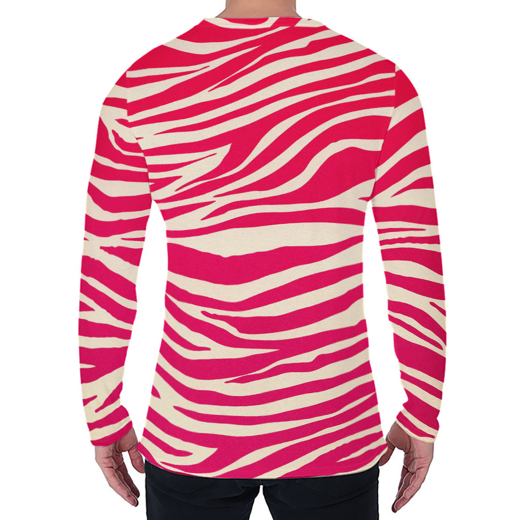Hot Pink Zebra Pattern Print Men's Long Sleeve T-Shirt