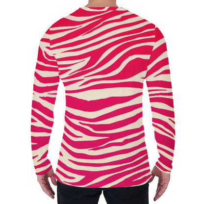 Hot Pink Zebra Pattern Print Men's Long Sleeve T-Shirt