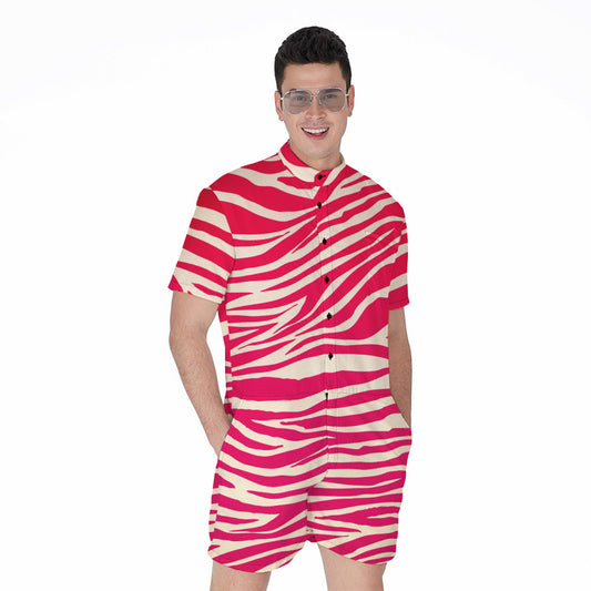 Hot Pink Zebra Pattern Print Men's Rompers