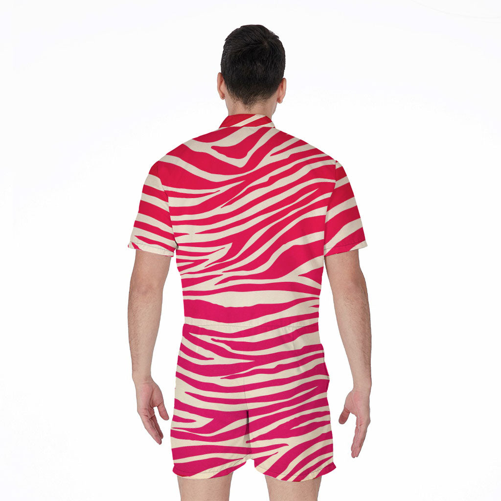 Hot Pink Zebra Pattern Print Men's Rompers