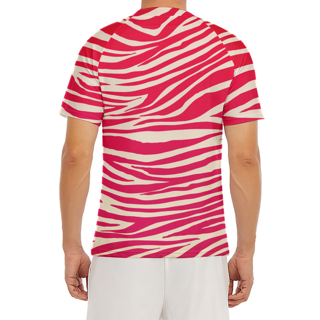 Hot Pink Zebra Pattern Print Men's Short Sleeve Rash Guard