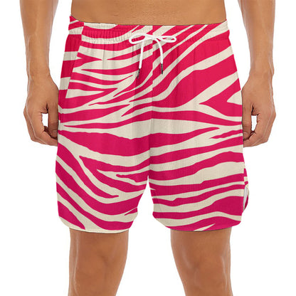 Hot Pink Zebra Pattern Print Men's Split Running Shorts