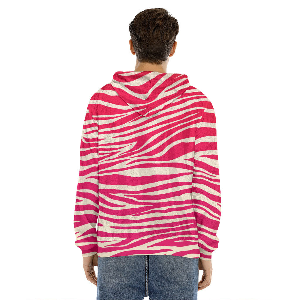 Hot Pink Zebra Pattern Print Men's Velvet Pullover Hoodie