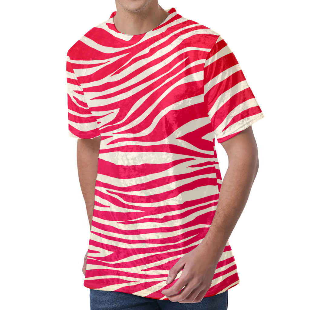 Hot Pink Zebra Pattern Print Men's Velvet T-Shirt