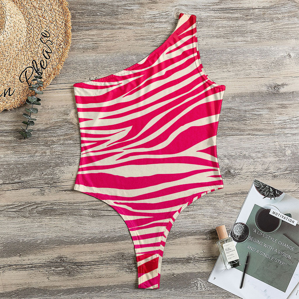 Hot Pink Zebra Pattern Print One Shoulder Bodysuit