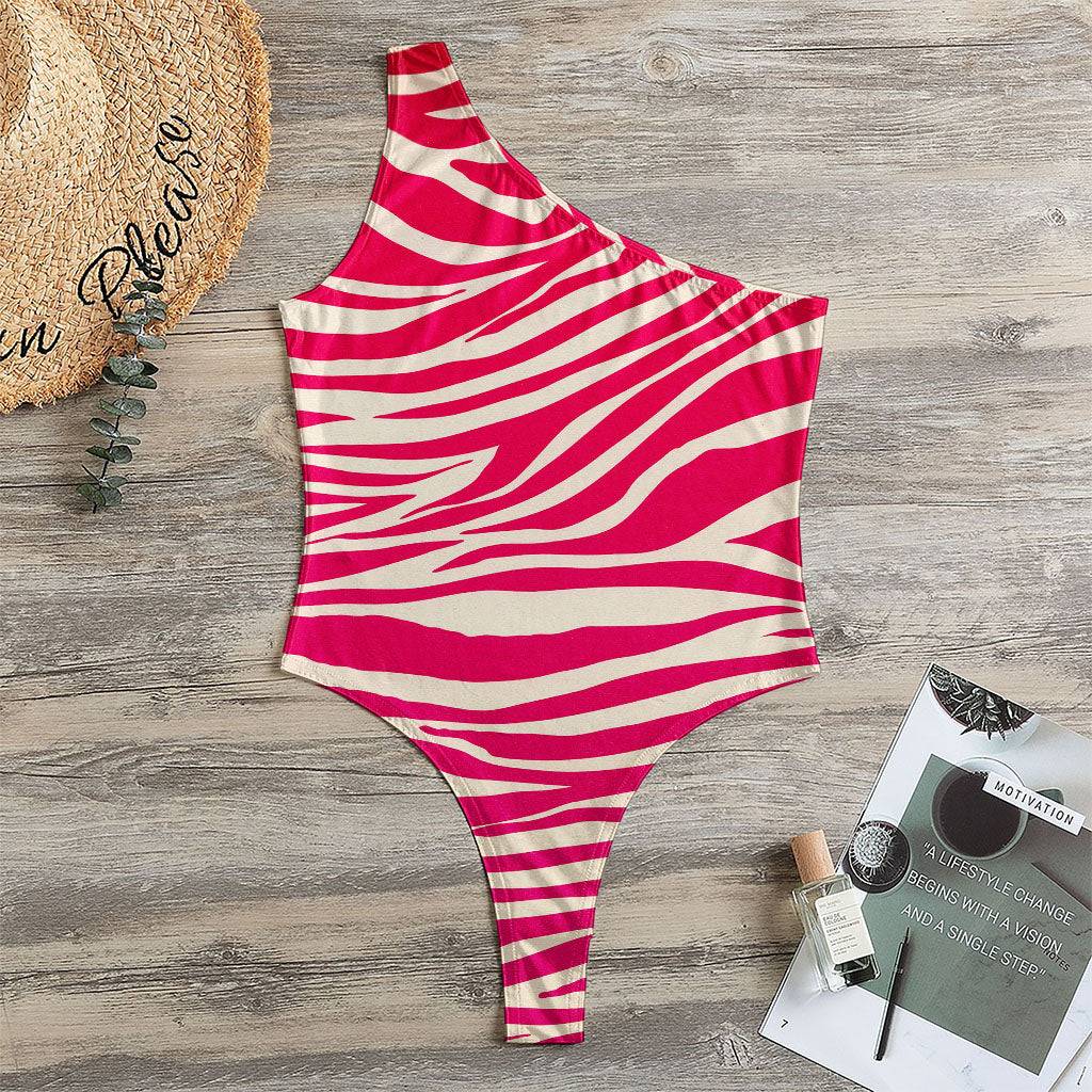 Hot Pink Zebra Pattern Print One Shoulder Bodysuit