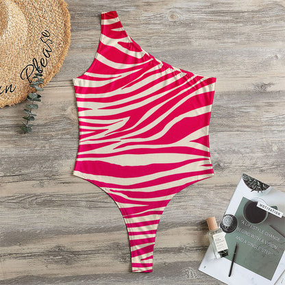 Hot Pink Zebra Pattern Print One Shoulder Bodysuit