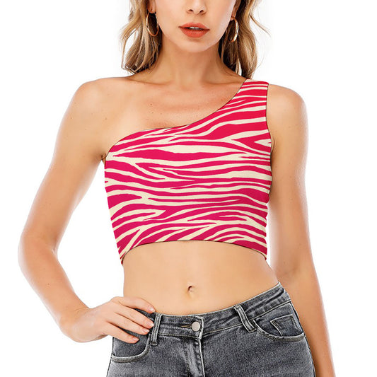 Hot Pink Zebra Pattern Print One Shoulder Crop Top