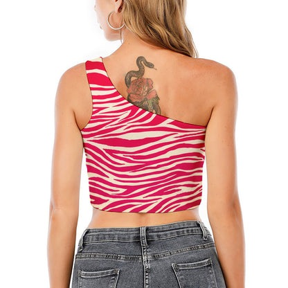 Hot Pink Zebra Pattern Print One Shoulder Crop Top